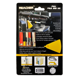 Packaging of a yellow reach tool with text and images on a black background