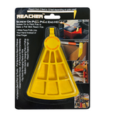 Yellow reacher tool in packaging with text and images on a white background