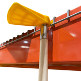 Yellow reach pull pole end on a pole hanging on wire rack shelf