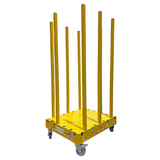 Yellow metal frame dolly with multiple vertical bars on a white background