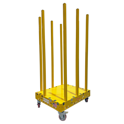 Yellow metal frame dolly with multiple vertical bars on a white background