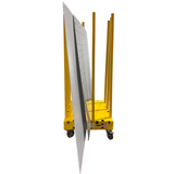 Yellow industrial cart/dolly with a large white panel on a white background