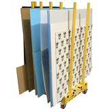 Yellow cart with stacked sign materials on a white background