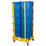 Yellow cart with blue storage bins on a white background