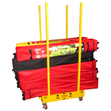 Stack of red and black event tents on a yellow cart with a white background