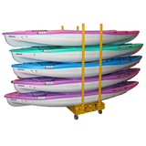 Stack of colorful kayaks on a yellow rack with a white background