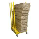 Yellow hand truck with stacked wooden pallets lumber on a white background