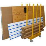 Shop Materials, cardboard, and wood panels on a yellow Raised Safety Dolly