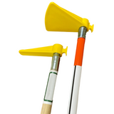 Two poles with yellow reach pole ends screwed onto them