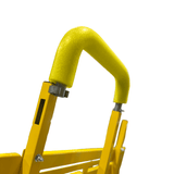Close-up of a yellow metal hook with foam protection on a Scoop Dolly against a white background