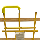 Close-up of a yellow metal hook with foam protection on a Scoop Dolly against a white background