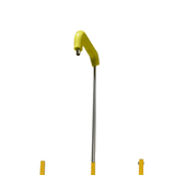 Close-up of a yellow metal hook with foam protection that is unhooked, on a Scoop Dolly against a white background