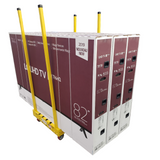 Stack of 82" TV boxes with a yellow dolly on a white background