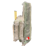 Yellow dolly with stacked mattresses wrapped in plastic on a white background
