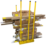 Stack of cardboard boxes on a yellow dolly against a white background