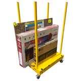Yellow cart with stacked electronic boxes on a white background
