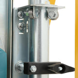 Metallic cylindrical component with bolts and a black bracket on a white background